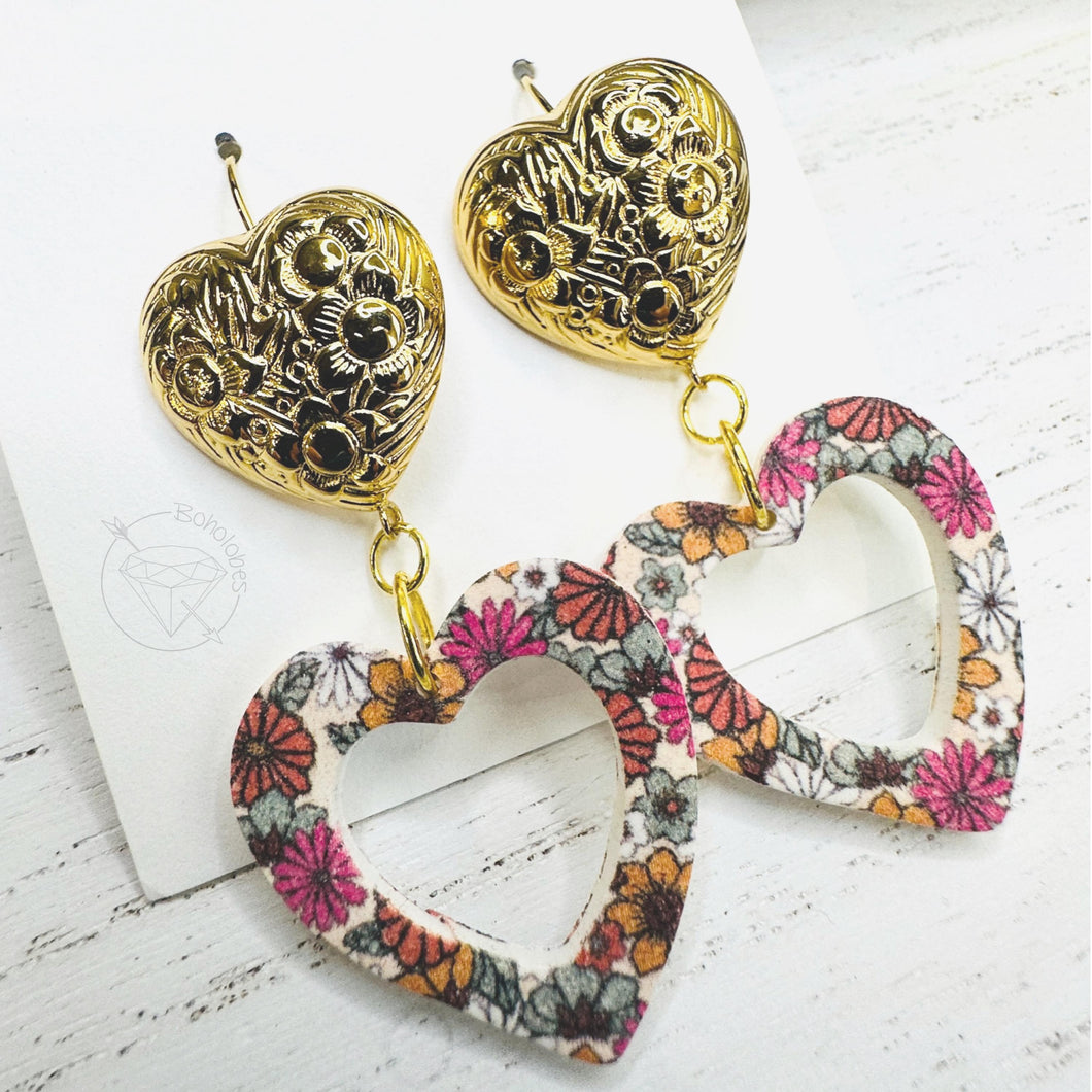 Gold hippie flower chunky tiered heart earrings