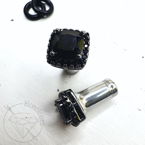 Crystal plugs Square CZ halo stud black gun metal wedding bridal plugs for gauged or stretched ears: Sizes 14g 12g 10g 8g 6g 4g 2g 1g 0g