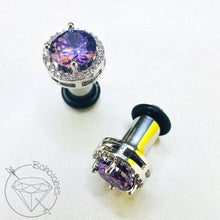 Load image into Gallery viewer, Black amethyst crystal plugs round CZ halo stud white gold silver wedding plugs for gauged or stretched ears: Sizes 8g 6g 4g 2g 1g 0g