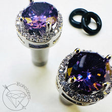 Load image into Gallery viewer, Black amethyst crystal plugs round CZ halo stud white gold silver wedding plugs for gauged or stretched ears: Sizes 8g 6g 4g 2g 1g 0g