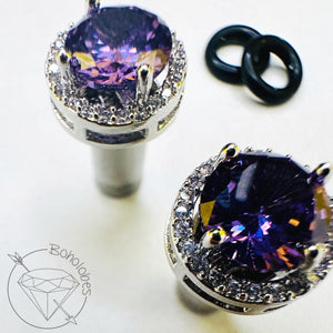 Black amethyst crystal plugs round CZ halo stud white gold silver wedding plugs for gauged or stretched ears: Sizes 8g 6g 4g 2g 1g 0g
