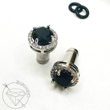 Load image into Gallery viewer, Black amethyst crystal plugs round CZ halo stud white gold silver wedding plugs for gauged or stretched ears: Sizes 8g 6g 4g 2g 1g 0g