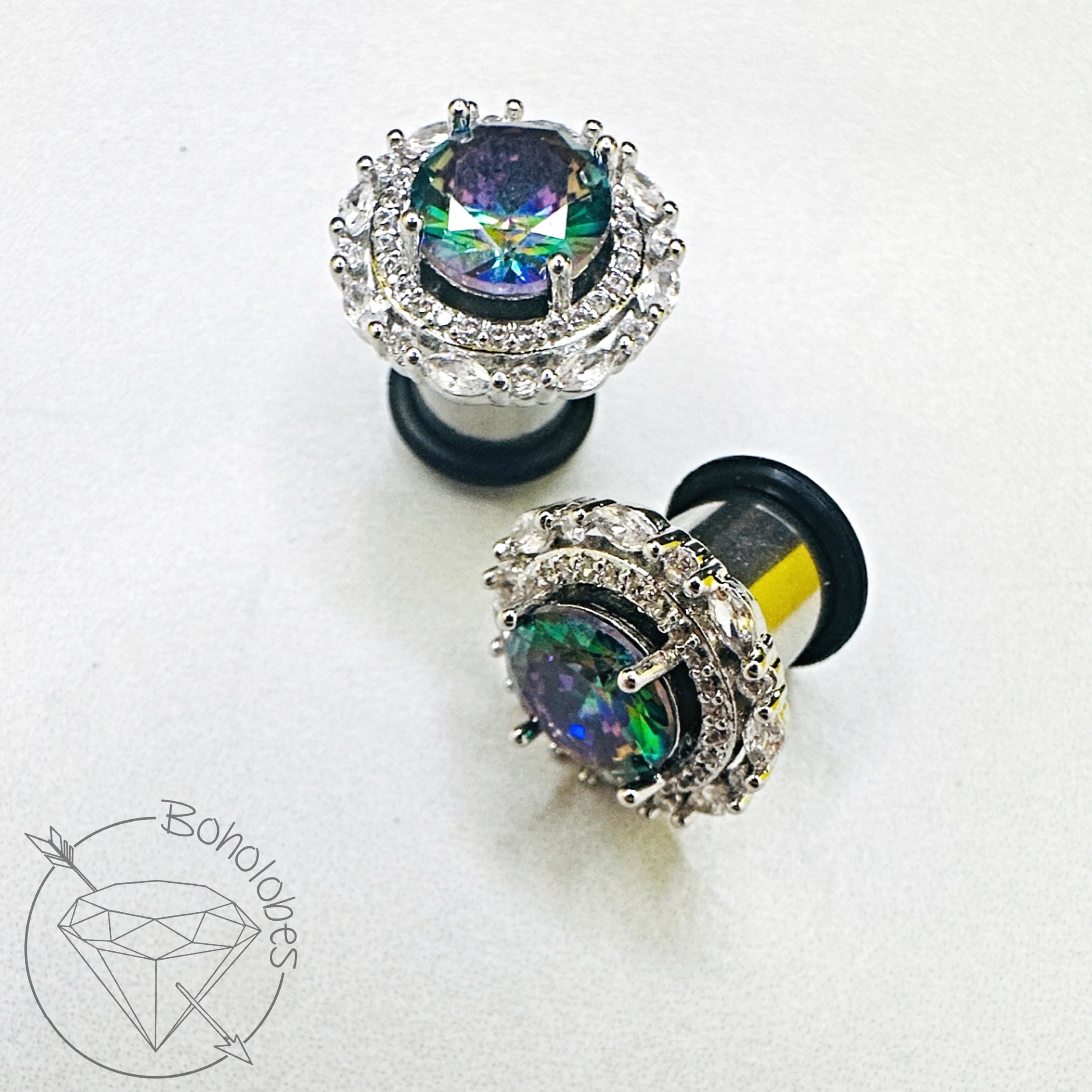 Art deco rhinestone rainbow steel formal wedding bridal plugs gauges 6g 4g 2g 1g 0g 11/32" 00g 7/16" 1/2”