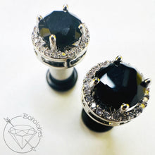 Load image into Gallery viewer, Black amethyst crystal plugs round CZ halo stud white gold silver wedding plugs for gauged or stretched ears: Sizes 8g 6g 4g 2g 1g 0g