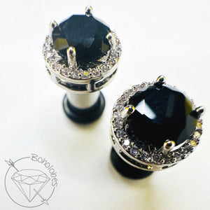 Black amethyst crystal plugs round CZ halo stud white gold silver wedding plugs for gauged or stretched ears: Sizes 8g 6g 4g 2g 1g 0g