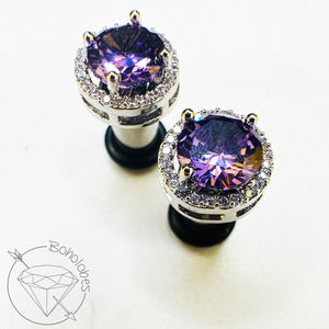 Black amethyst crystal plugs round CZ halo stud white gold silver wedding plugs for gauged or stretched ears: Sizes 8g 6g 4g 2g 1g 0g