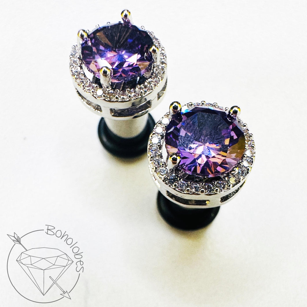 Black / amethyst / pink / clear gold crystal plugs round CZ halo stud white gold silver wedding plugs for gauged or stretched ears: Sizes 8g 6g 4g 2g 1g 0g