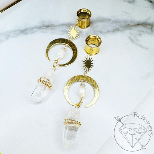 Gold celestial crescent moon crystal pearl drop dangle plugs: 2g 0g 00g 1/2
