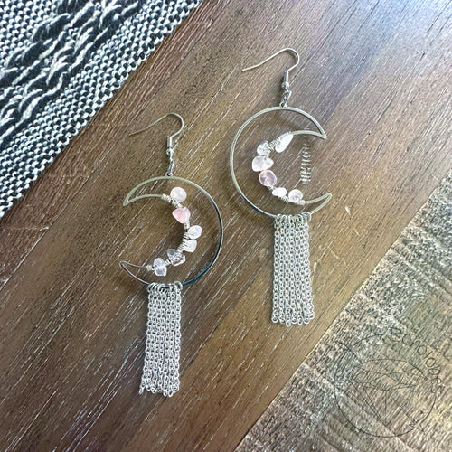 Gold stainless steel crescent moon chain drop dangle fringe earrings plugs: 2g 0g 00g 1/2