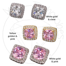 Load image into Gallery viewer, Crystal plugs Square CZ halo stud pink clear gold wedding bridal plugs for gauged or stretched ears: Sizes 14g 12g 10g 8g 6g 4g 2g 1g 0g