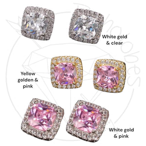 Crystal plugs Square CZ halo stud pink clear gold wedding bridal plugs for gauged or stretched ears: Sizes 14g 12g 10g 8g 6g 4g 2g 1g 0g