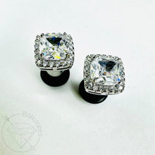 Load image into Gallery viewer, Crystal plugs Square CZ halo stud pink clear gold wedding bridal plugs for gauged or stretched ears: Sizes 14g 12g 10g 8g 6g 4g 2g 1g 0g