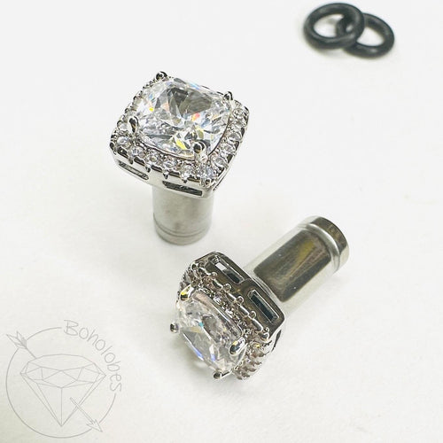 Crystal plugs Square CZ halo stud pink clear gold wedding bridal plugs for gauged or stretched ears: Sizes 14g 12g 10g 8g 6g 4g 2g 1g 0g
