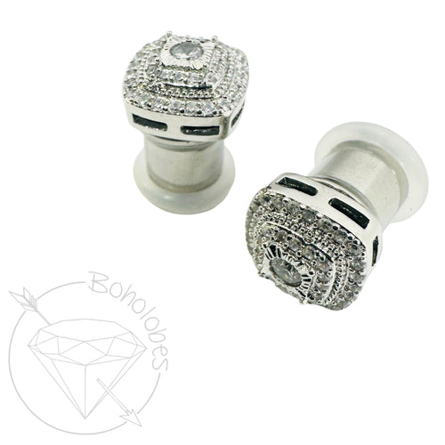 Clear crystal plugs square CZ halo cushion stud white gold silver wedding plugs gauges : Sizes 8g 6g 4g 2g 1g 0g