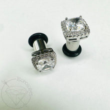Load image into Gallery viewer, Crystal plugs Square CZ halo stud pink clear gold wedding bridal plugs for gauged or stretched ears: Sizes 14g 12g 10g 8g 6g 4g 2g 1g 0g