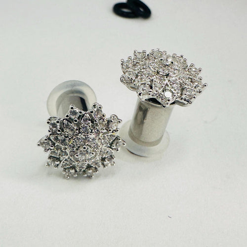 Clear crystal sunflower CZ halo stud white gold silver wedding plugs gauges : Sizes 8g 6g 4g 2g 1g 0g