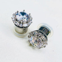 Load image into Gallery viewer, Round Art deco chunky rhinestone clear crystal white gold formal wedding bridal plugs gauges 0g 11/32&quot; 00g 7/16&quot; 1/2”