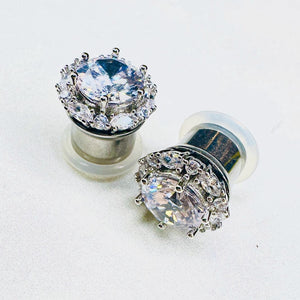 Round Art deco chunky rhinestone clear crystal white gold formal wedding bridal plugs gauges 0g 11/32" 00g 7/16" 1/2”