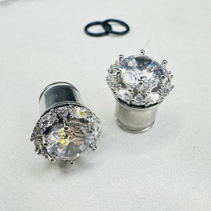 Round Art deco chunky rhinestone clear crystal white gold formal wedding bridal plugs gauges 0g 11/32" 00g 7/16" 1/2”