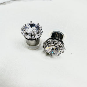 Round Art deco chunky rhinestone clear crystal white gold formal wedding bridal plugs gauges 0g 11/32" 00g 7/16" 1/2”