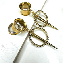 Load image into Gallery viewer, Yellow gold hoop and dagger screw back plugs gauges tunnels: 2g 0g 00g 1/2&quot; 9/16&quot; 5/8&quot; 18mm 3/4&quot; 20mm 22mm 25mm
