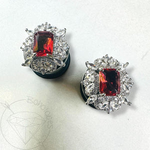 Art deco rhinestone coral red steel formal wedding bridal plugs gauges 4g 2g 1g 0g 11/32" 00g 7/16" 1/2” 9/16”