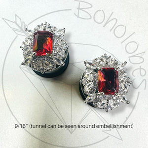 Art deco rhinestone coral red steel formal wedding bridal plugs gauges 4g 2g 1g 0g 11/32" 00g 7/16" 1/2” 9/16”