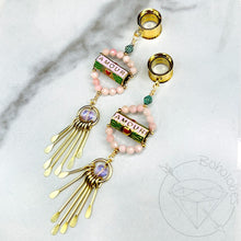 Load image into Gallery viewer, Pair of pink beaded gold AMOUR heart Corazon love earrings tunnels plugs 2g 0g 00g 1/2&quot; 9/16&quot; 5/8&quot; 18mm 3/4&quot; 20mm 22mm 25mm
