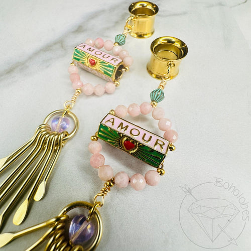 Pair of pink beaded gold AMOUR heart Corazon love earrings tunnels plugs 2g 0g 00g 1/2