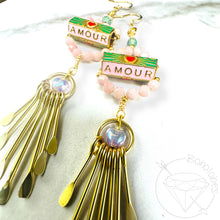 Load image into Gallery viewer, Pair of pink beaded gold AMOUR heart Corazon love earrings tunnels plugs 2g 0g 00g 1/2&quot; 9/16&quot; 5/8&quot; 18mm 3/4&quot; 20mm 22mm 25mm