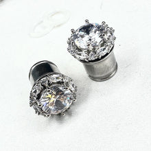 Load image into Gallery viewer, Round Art deco chunky rhinestone clear crystal white gold formal wedding bridal plugs gauges 0g 11/32&quot; 00g 7/16&quot; 1/2”