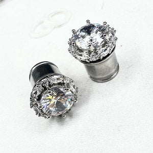 Round Art deco chunky rhinestone clear crystal white gold formal wedding bridal plugs gauges 0g 11/32" 00g 7/16" 1/2”