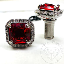 Load image into Gallery viewer, Blood red fang dark romance goth crystal plugs square CZ white gold silver formal plugs gauges : Sizes 6g 4g 2g 1g 0g 11/32&quot; 00g