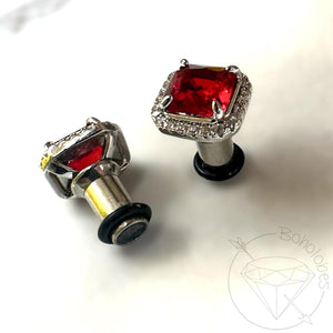 Blood red fang dark romance goth crystal plugs square CZ white gold silver formal plugs gauges : Sizes 6g 4g 2g 1g 0g 11/32" 00g