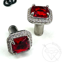 Load image into Gallery viewer, Blood red fang dark romance goth crystal plugs square CZ white gold silver formal plugs gauges : Sizes 6g 4g 2g 1g 0g 11/32&quot; 00g