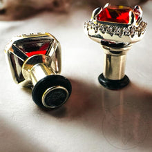 Load image into Gallery viewer, Blood red fang dark romance goth crystal plugs square CZ white gold silver formal plugs gauges : Sizes 6g 4g 2g 1g 0g 11/32&quot; 00g
