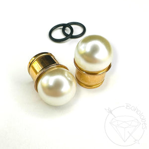 Pearl ball plugs wedding bridal single flare gold plugs tunnels 14g 12g 10g 8g 6g 4g 2g 0g 00g 7/16" 1/2" 9/16" 5/8" 3/4" 7/8" 1"