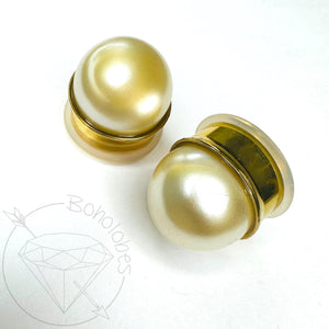 Pearl ball plugs wedding bridal single flare gold plugs tunnels 14g 12g 10g 8g 6g 4g 2g 0g 00g 7/16" 1/2" 9/16" 5/8" 3/4" 7/8" 1"