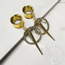 Load image into Gallery viewer, Yellow gold hoop and dagger screw back plugs gauges tunnels: 2g 0g 00g 1/2&quot; 9/16&quot; 5/8&quot; 18mm 3/4&quot; 20mm 22mm 25mm