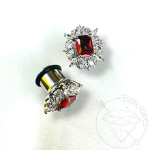 Load image into Gallery viewer, Art deco rhinestone coral red steel formal wedding bridal plugs gauges 4g 2g 1g 0g 11/32&quot; 00g 7/16&quot; 1/2” 9/16”