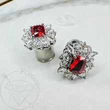 Load image into Gallery viewer, Art deco rhinestone coral red steel formal wedding bridal plugs gauges 4g 2g 1g 0g 11/32&quot; 00g 7/16&quot; 1/2” 9/16”