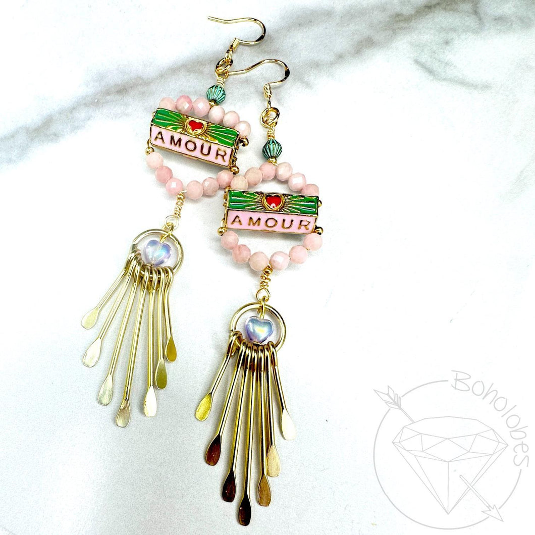 Pair of pink beaded gold AMOUR heart Corazon love earrings tunnels plugs 2g 0g 00g 1/2