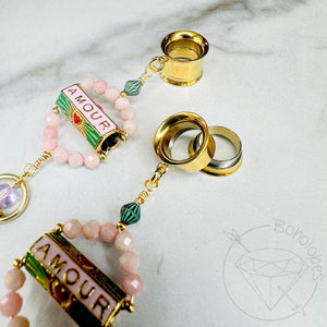 Pair of pink beaded gold AMOUR heart Corazon love earrings tunnels plugs 2g 0g 00g 1/2" 9/16" 5/8" 18mm 3/4" 20mm 22mm 25mm