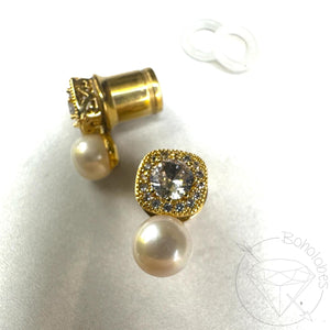 Gold crystal and pearl plugs Square CZ halo stud wedding bridal plugs for gauged or stretched ears: Size 0g 8mm