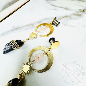 Bohemian crescent moon quartz gold single flare plugs gauges tunnels 8g - 1"