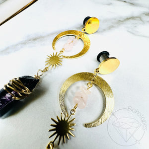 Bohemian crescent moon quartz gold single flare plugs gauges tunnels 8g - 1"