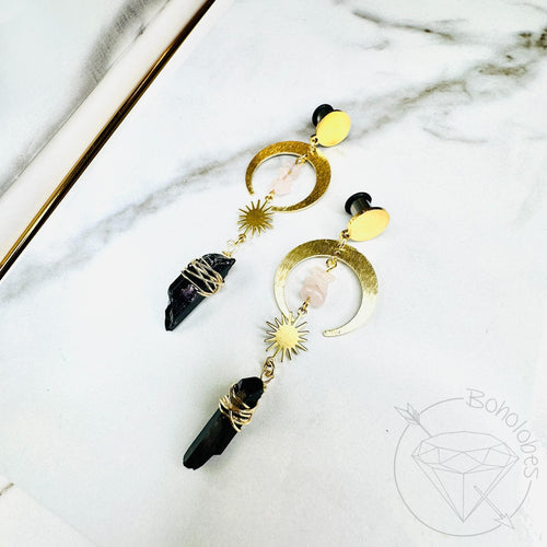 Bohemian crescent moon quartz gold single flare plugs gauges tunnels 8g - 1