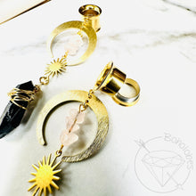 Load image into Gallery viewer, Gold celestial crescent moon rose quartz crystal pearl drop dangle plugs: 2g - 25mm