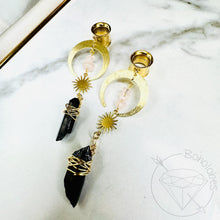 Load image into Gallery viewer, Gold celestial crescent moon rose quartz crystal pearl drop dangle plugs: 2g - 25mm