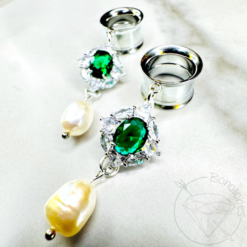 White gold emerald and pearl screw back plugs gauges tunnels: 2g - 30mm